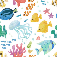 Naklejka premium お魚のイラストシームレスパターン
