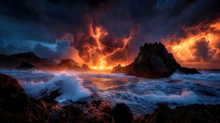 Red lightning storm over the ocean with waves crashing on rocks and beach, volcanic eruption intense energy along the coastline, fiery stormy clouds near sunset