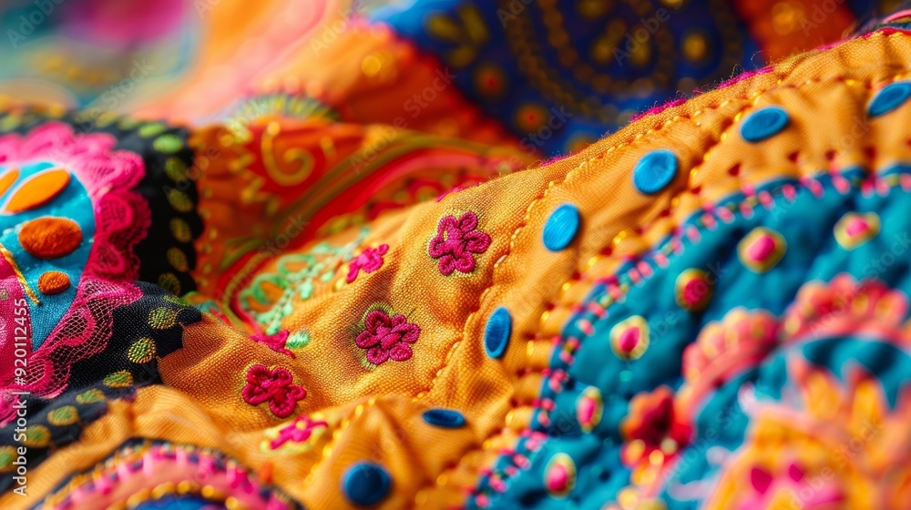 Aufkleber the vibrant colorful pattern of a handstitched apron showcasing a mix of playful polka dots and intr