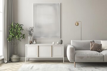 Obraz premium Interior of living room with white sofa and mock up poster.