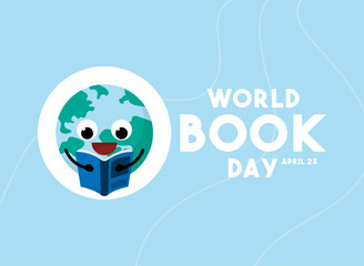 World Book Day. April 23. Cute earth reading a book. Flat design vector.