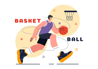 Happy Young Man Playing Basketball Vector Illustration Wearing a Basketball Uniform on an Court for Tournament in a Flat Style Design Background