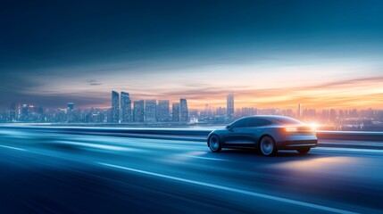 Modern Electric Car on Highway at Sunrise