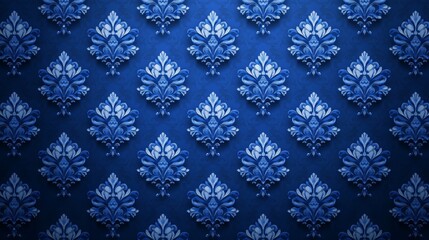 Blue Ornate Damask Pattern with Floral Design