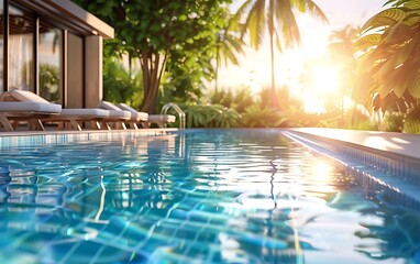 Swimming pool with sun loungers on the background of the sea.