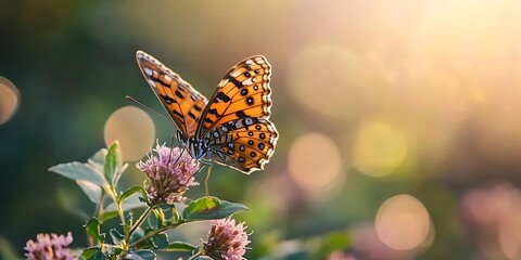 Obraz premium Butterfly on a Flower in the Sunlit Meadow - Photo