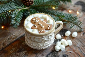 Gingerbread man and hot chocolate with marshmallows, on the background of Christmas tree branches on a wooden table