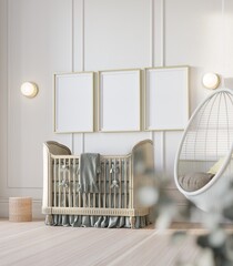 Mock up poster in nursery room interior background, neo classic style, 3D render