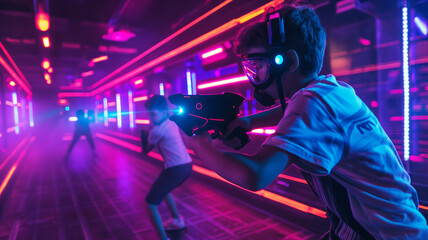 Neon-Lit Laser Tag: Boys Competing in a High-Tech Gaming Room
