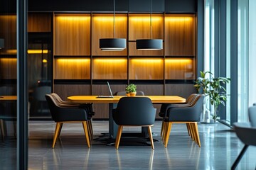 Modern Office Meeting Room with Wooden Shelving and Black Chairs