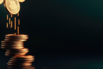 Illuminated Finance, Futuristic 3D Holographic Interface with Glowing Coins, Dark Theme, HD Wallpaper Banner Space