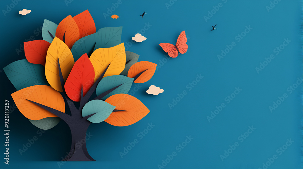 Wall mural Vibrant Paper Cut-Out Tree with Butterfly for Your Next Design Project