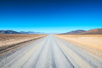 Fototapeta premium Photo of a Long Straight Gravel Road Leading to a Distant Mountain Range in a Desert
