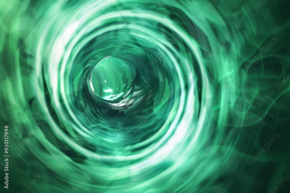 Poster an entrancing green tunnel design that features fluid motion, intricate swirling patterns and beauti