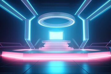 Futuristic, neon-lit platform with empty screen.