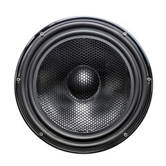 Close-up image of a black speaker diaphragm, showcasing details and texture. Ideal for audio equipment and sound system visuals.