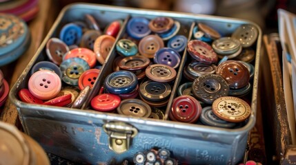 A tin box full of vintage buttons each one unique in shape size and color showcasing the careful selection and collecting of a dedicated seamstress.