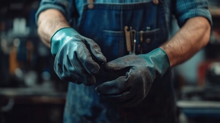 Medium shot man putting on gloves for work