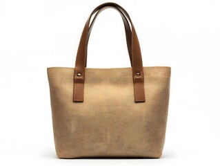 Beige Canvas Tote Bag with Brown Leather Handles -  Photo