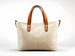 Beige Leather Tote Bag with Brown Handles 3D Illustration