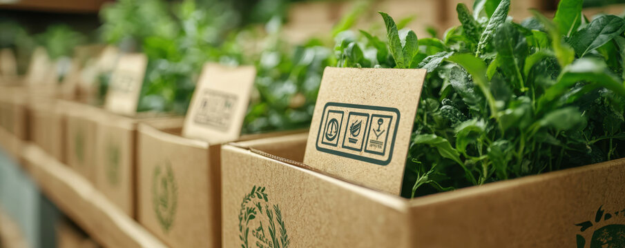 Detailed, hyper-realistic close-up of eco-friendly product labels with international certifications in a global marketplace 