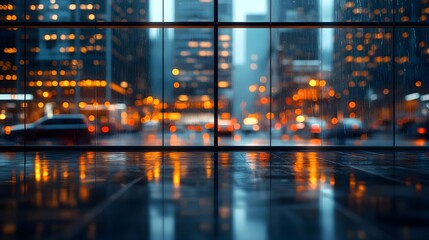 Fototapeta premium Rainy Night Cityscape View Through Window Reflection 3D Illustration