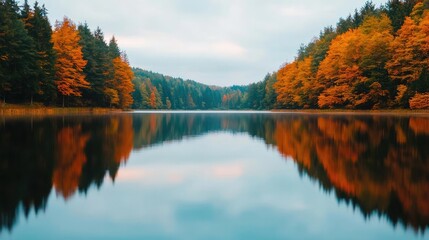 Obraz premium Tranquil lake surrounded by vibrant autumn foliage, reflecting colorful trees and cloudy sky in serene nature scene.