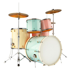 Colorful drum kit with a snare, bass drum, toms, and cymbals. Perfect for musicians, music enthusiasts, and stock photography.