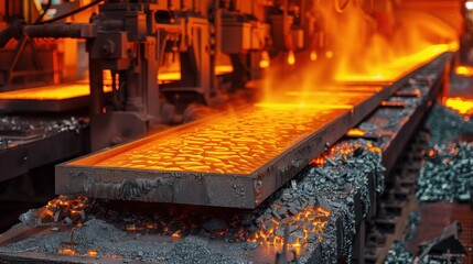 Molten Steel on Conveyor in Steel Mill. Molten steel travels on a conveyor belt in a steel mill, being shaped into slabs as part of the metalworking process in a high-temperature environment.