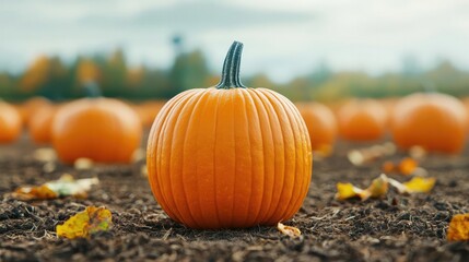 A vibrant orange pumpkin stands alone in a lush pumpkin patch during autumn, surrounded by fallen leaves and a cloudy sky.