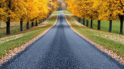 Scenic country road lined with vibrant autumn trees, showcasing beautiful fall colors and peaceful surroundings.