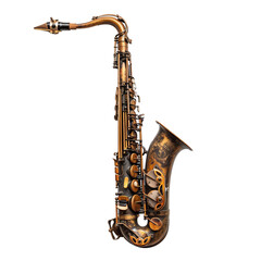 Naklejka premium Vintage saxophone with intricate brass detailing and a classic design, isolated on a white background.