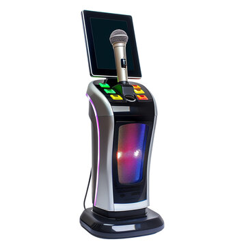 Modern karaoke machine with colorful lights and a microphone, featuring a digital display screen for an exciting singing experience.