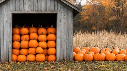 A rustic wooden shed filled with bright orange pumpkins, surrounded by autumn foliage and golden cornfields.