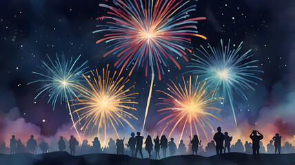 Watercolor painting of fireworks dancing in the eastern night sky