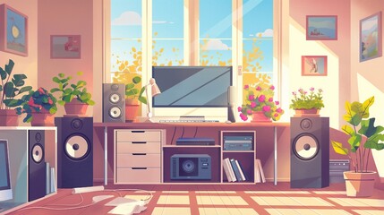 Home office interior with furniture and equipment. Vector cartoon illustration of room with large window, desktop computer, drawer with documents, printer on shelf, loudspeakers on floor, flower pots