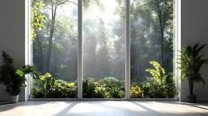 Sunlight Streaming Through Window with Lush Greenery Illustration