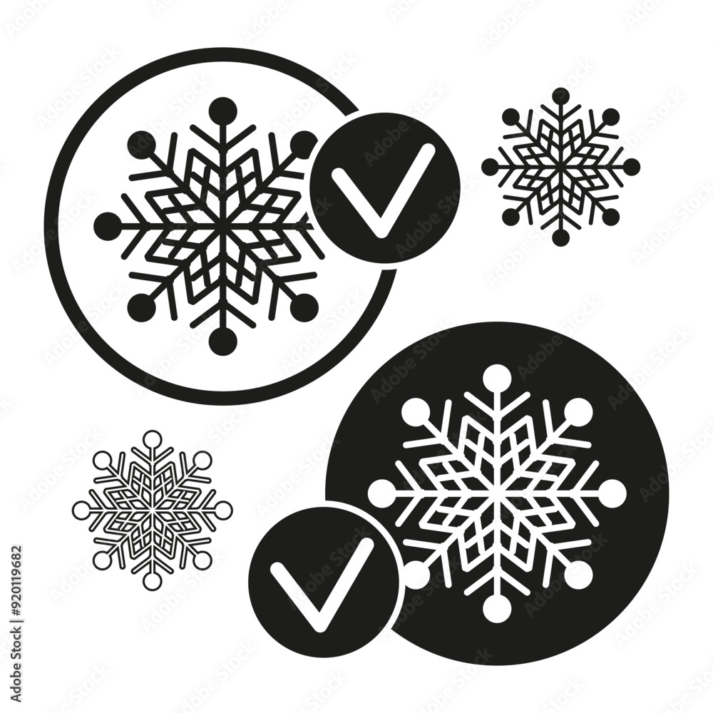 Poster snowflake icons with check marks. black and white winter symbols. minimalist vector art.