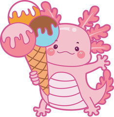 Illustration of cute axolotl activities icon.
Funny pink axolotl in daily routine stickers.