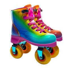Colorful retro roller skates on a white background with a vibrant rainbow design, perfect for sports and recreational activities.