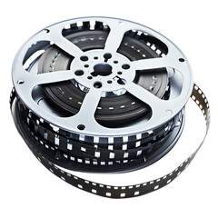 Obraz premium Close-up of a vintage film reel with exposed filmstrip, perfect for cinema, media, and entertainment-related projects.