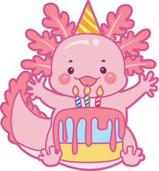Illustration of cute axolotl activities icon.
Funny pink axolotl in daily routine stickers.