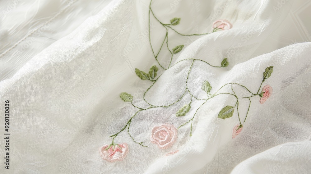 Poster delicate handembroidered roses climbing up the ss of a plain white linen apron adding a touch of ele