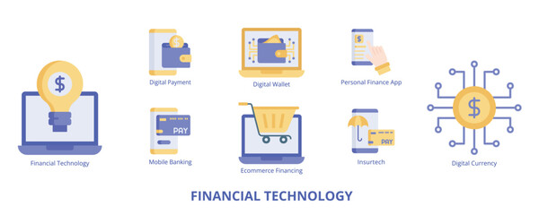 Financial Technology Flat Banner Web Icon Set Vector Illustration, Financial Technology Digital Payment Mobile Banking Wallet Personal Finance App Ecommerce Financing Insurtech Digital Currency