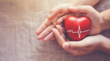 Adult and child hands holding red heart with cardiogram, health care love and family concept, health insurance, world heart day, world health day, world hypertension day