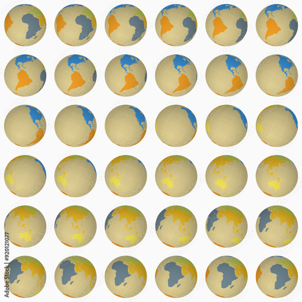 Poster collection of earth globes. tilted sphere view. rotation step 10 degrees. colored continents style. 