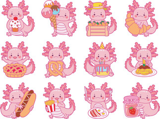 Illustration of cute axolotl activities icon.
Funny pink axolotl in daily routine stickers.