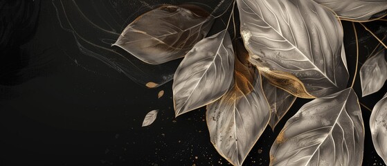 Golden leaf veins and scattered gold dust on black background.