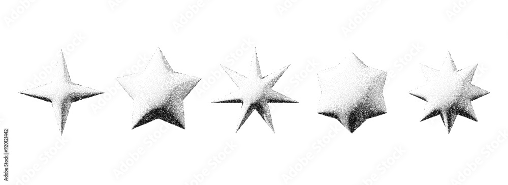 Leinwandbilder black stippled star set. 3d dotted textured flares and sparkles collection. halftone grainy noise st