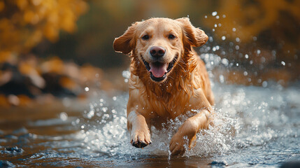 Golden retriever running through water, tongue out, happy. Generative AI